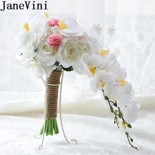 JaneVini White Orchid Waterfall Wedding Bouquet 2019 Pink Artificial Bride Holding Flowers Bridal Silk Flower Bouquet Roses
