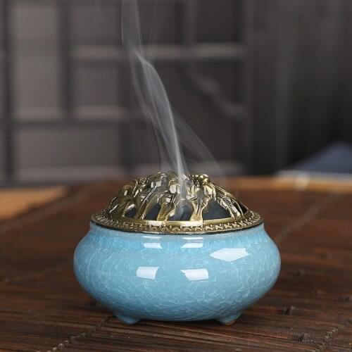 Ceramic Censer Creative Home Decor Celadon Ceramic Burner Copper Cover Ice Cracker Incense Cones Burner Stick Burner