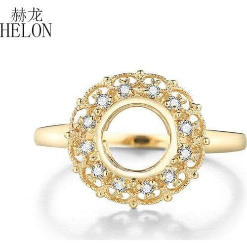 HELON 8mm Round Solid 14k Yellow Gold AU585 Natural Diamond Engagement Wedding Semi Mount Ring Setting Women Trendy Fine Jewelry
