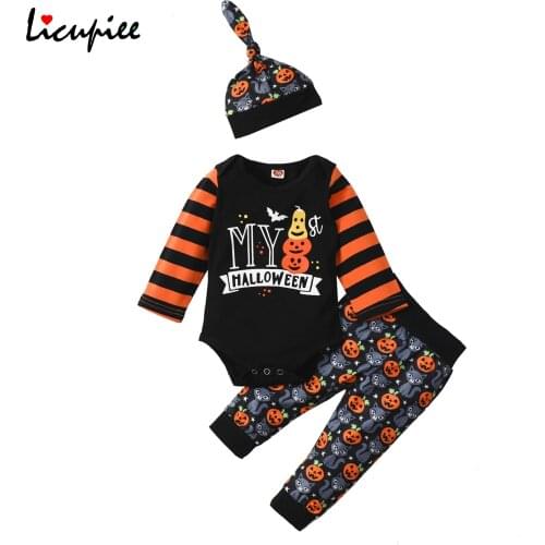 0-12 Months 3pcs Halloween Baby Girls Boys Outfit, Pumpkin Letter Printing Long Sleeve Round Collar Romper + Long Pants + Cap