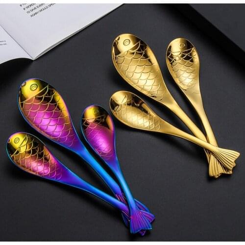 Creative Fish Spoon 304 Stainless Steel Colorful Dessert Tea Ice Cream Spoons Tableware Dinnerware Coffee Accessories