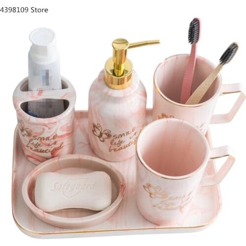 Ceramic bathroom accessories set Nordic marble Phnom Penh ceramic six-piece bathroom supplies toothbrush holder couple cup tray