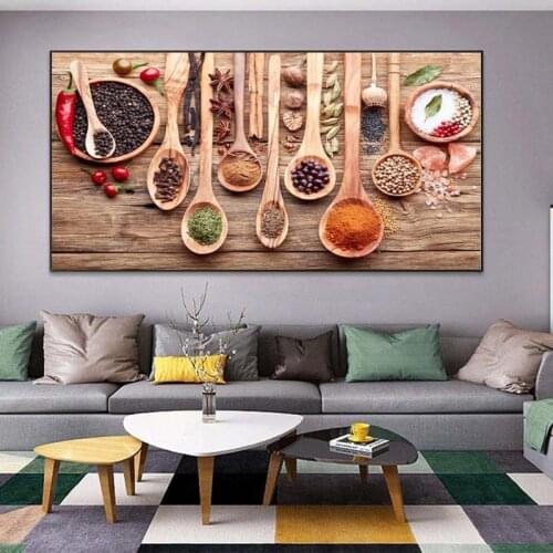 Kitchen Themed Wall Art Decor Colorful Spice and Spoon In Table Canvas Paintings Food Concept Retro Canvas Art Prints Cuadros
