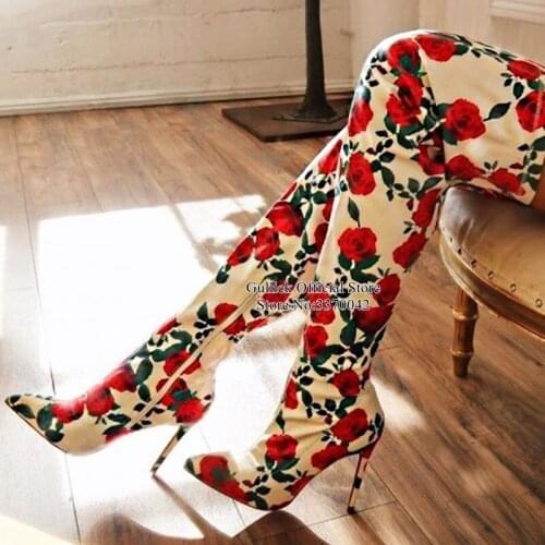 Newest Rose Flower Leather Over The Knee Boots Pointed Toe High Heels Tight High Boots Slim Fit Patchwork Dress Shoes Drop Ship