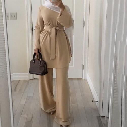 New Simple Muslim Women Sets Dubai Abaya Turkish Muslim Dress Women Kaftan Islamic Clothing 2 Pieces Femme Musulmane No Hijab