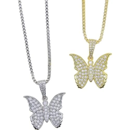 Wholesale Romantic butterfly design Box Chain Necklace with bling 5A Sparking Bling CZ Paved for lovely girl women charm jewelry