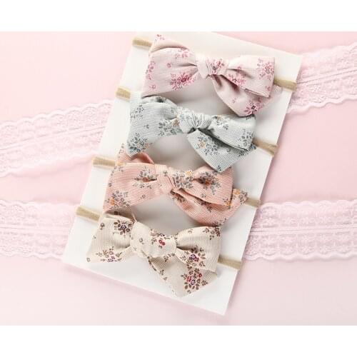 Dainty Floral Hand Tied Fabric Bow Nylon Headbands , Plaid School Girl Bow Headband