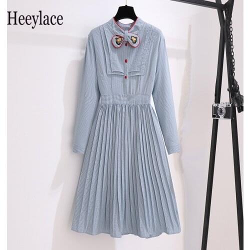Plus size office ladies autumn long sleeve pleated dresses women bow collar striped A-line knee length dresses female vestidos