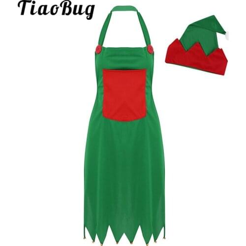 TiaoBug Adult Christmas Dress Up Elf Costume Santa Claus Kitchen Apron with Hat Sets Festival Cosplay Fancy Party Xmas Clothes
