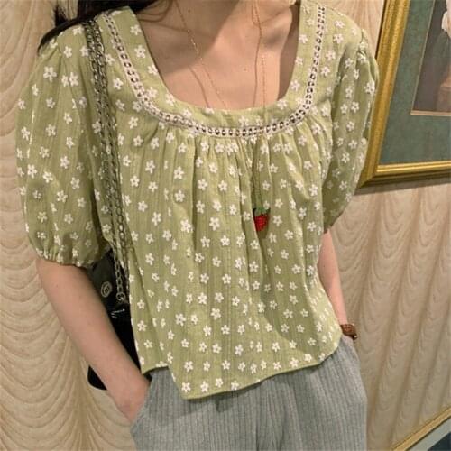 Korean Style Sweet Design Jacquard Stitching Puff Sleeve Age-reducing Shirt
