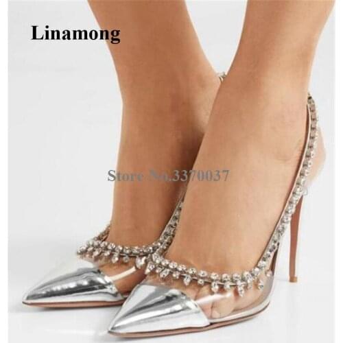 Women Elegant Fashion Pointed Toe Beaded Rhinestone Stiletto Heel Pumps Silver White Nude PVC Crystal High Heels Wedding Shoes
