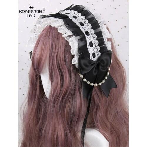 Japanese Headdress Lolita Girls Sweet KC Cute Headband Hidden Clip Beaded Chain Bows Layered Floral Lace Chiffon Headwear Women