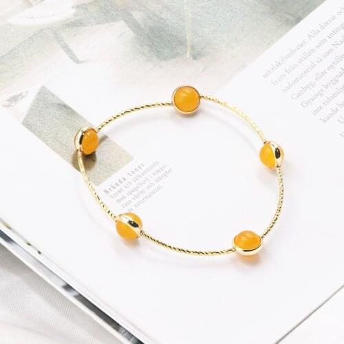Beaded Bracelet for Women Classic Natural Stone Yellow Jades Round Bangle Wrist Bracelets Best Friend Gift Jewelry 7.5" B316