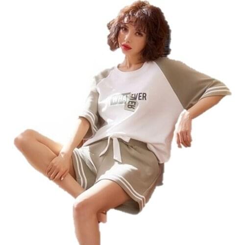 Summer 100%Cotton Women Pajamas Set Printed Short Sleeve Round Neck Girls Pyjamas Casual Soft Big Size 2Pcs Set Female Sleepwear