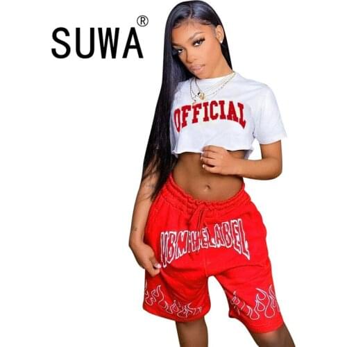 Classic Red White Letter Printed Loungewear Two Piece Outfits For Women Sets Loose Crop Top Shorts Cool Girl BF Style Streetwear