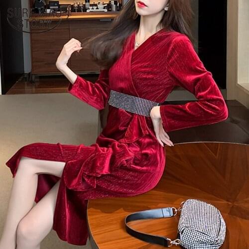 2021 Spring New French Style Vintage Dress Red Bright Velvet Dress Female Elegant Ruffled Dress Women with Belt Robe Femme 12556