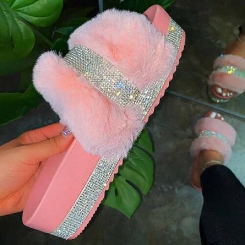 2021 Rhinestone Women Platform Fur Slides,Cute Fuzzy Fluffy Slippers,Soft Wedges Zapatillas Mujer Wholesale
