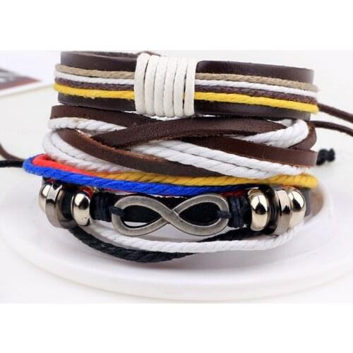 3pcs/set Hippie Punk Brown Leather Infinite Alloy Charm Beige Yellow Blue White Cord Macrame Layers Bracelets for Man