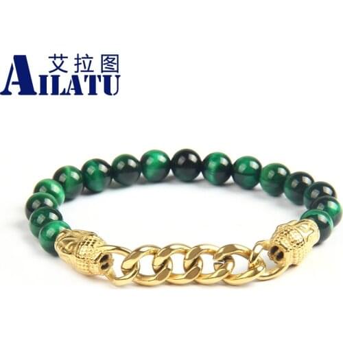 Ailatu New Stainless Steel Gold Double Buddha Head Chains Bracelets with 8mm Natural Tiger Eye Stone Beads High Grade Mens Gift