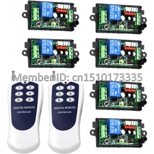 FREE SHIPPING New 2 Transmitters & 6 Receivers 110V 220V 10A 1 Channel Wireless Relay Remote Control Switch RF 315MHz/433MHz