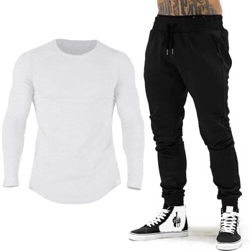 Brand Gym Clothing Tracksuit Men Cotton Long Sleeve T-Shirt + Joggers Pants Men Bodybuilding Fitness Jogging Sweatpant Sweatsuit