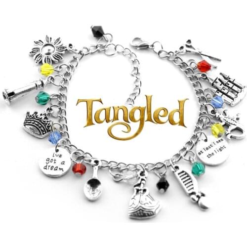 Dongsheng Movie Tangled Rapunzel Charm Bracelet Crown Comb Scissors Flower Castles Gecko Bangle Bracelet Women Girl Accessories