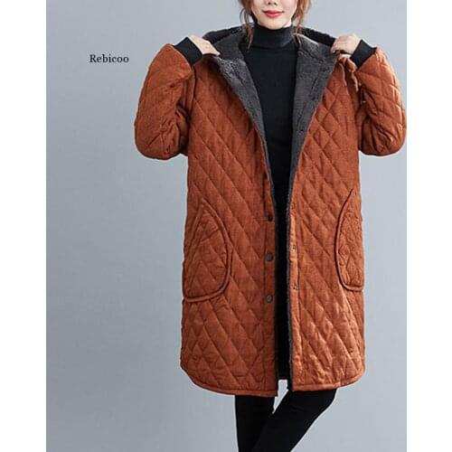 Cotton Womens Long Coat Retro Plus Velvet Thick Hooded Winter Jacket Chinese Style Long Parka Plus Size