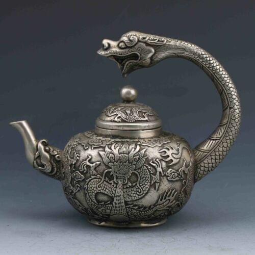 Collection Chinese Tibetan Silver Hand-Carved Dragon Teapot