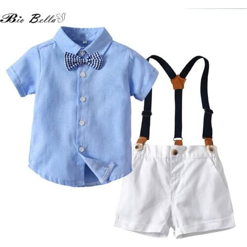 Boy Clothing Set Kids Clothes Set Gentle Boys Suit Bow Tie Shirts+Overall Pant Wedding Clothing Short Sleeve Summer Clothes