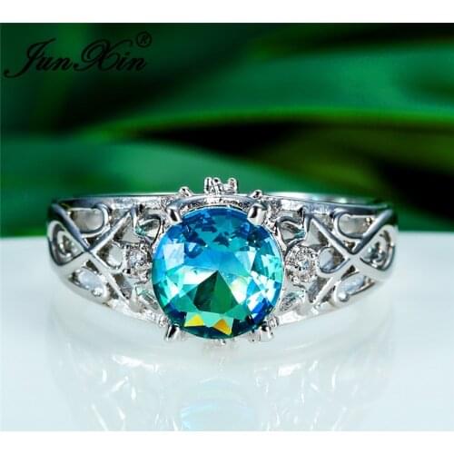 Mystical Fire Crystal Stone Ring Silver Color Round Rainbow Zircon Vintage Wedding Bands Promise Engagement Rings For Women