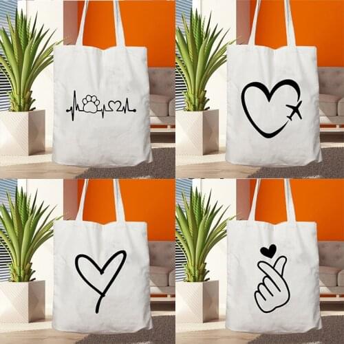Fashion Women Shopping Tote Bag Love Pattern White Canvas Bags Eco Reusable Shoulder Bags Casual Travel Female Shopper Handbags