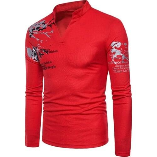 Fashion Men Tops Flower English Letter Print V-Neck T-Shirt Stand Collar Long Sleeve Tee Top Mens Clothing 2021 футболка