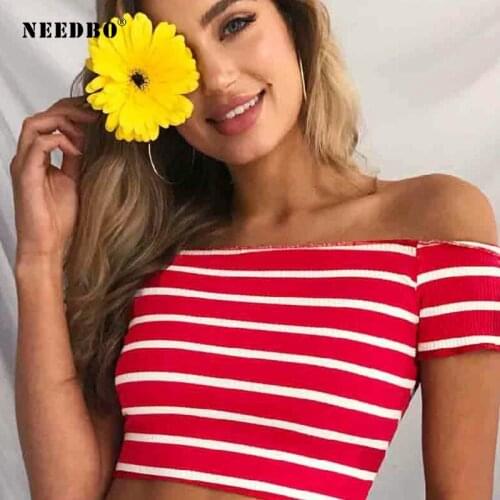 NEEDBO Sexy Crop Top t shirt Women Mujer Striped Funny Casual Off Shoulder Summer Tshirts for Women Slim Slash Neck Crop Tops