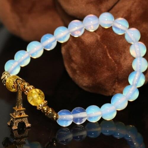 New fashion Paris Tower pendant charms white opal moonstone round original design bracelets 8mm beads jewelry 7.5inch B2178