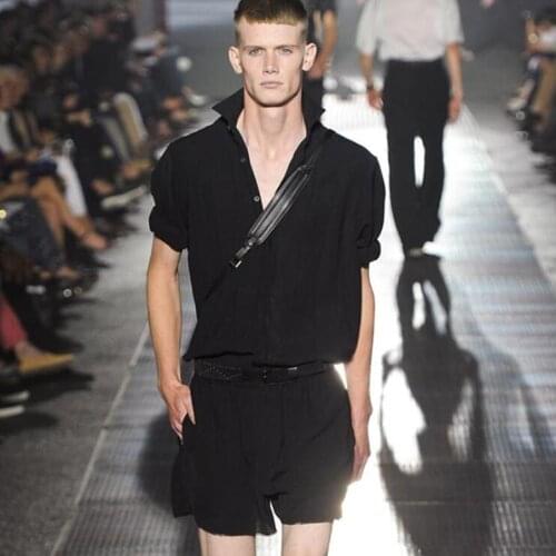 New Men Short-sleeved Bib Pants Male Loose Fly Pockets Casual Overalls Work Wear Men Pants Jumpsuit Plus Size Men Outerwear