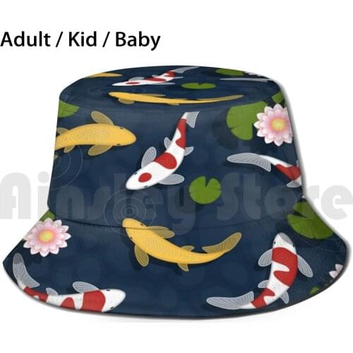 Japanese Koi Fish Pond Bucket Hat Adult kid baby Beach Sun Hats Simple Stylish Cute Cool Girly Koi Fish Pond Vector