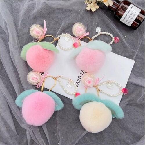 Plush Honey Peach Girl Heart Pink Fur Bag Pendant Eternal Flower Car Keychain Pendant Car Keys Ornaments