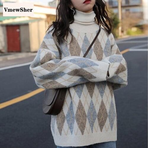 VmewSher Women Argyle O-neck Knitted Sweater Autumn New Loose Casual Vintage Sweater Pullover Long Sleeve Fashion Chic Sweater