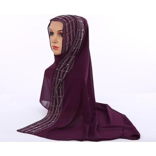 Women High Quality Plain Turban Shawl With Colorful Rhinestone Long Scarf Muslim Turkish Hijab Pearl Chiffon Head Scarf