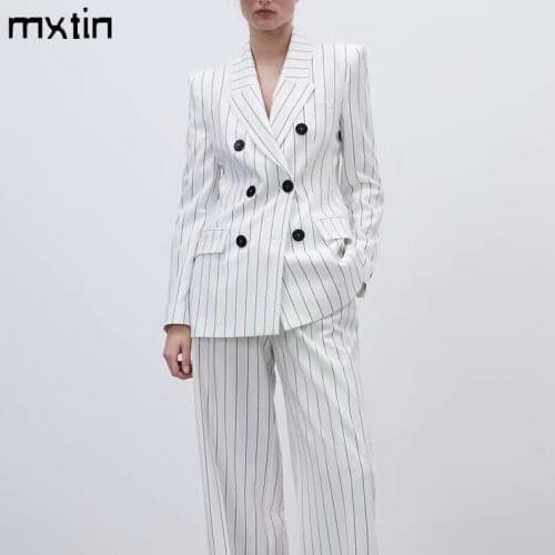 MXTIN 2021 Women Spring Fashion Double Breasted Striped Blazers and Jackets Vintage Notched Long Sleeve Female Blazer Talever