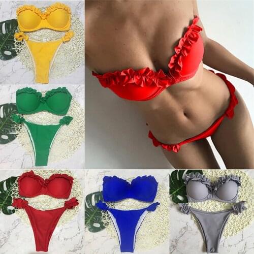 Women Sexy thong Bikini Set girls floral Swimwear Bandeau Push Up Bikinis Strapless Beachwear Bathing Suits Biquini Swimsuits