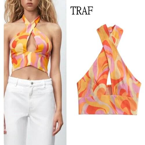 TRAF Za 2021 Top Woman Fashion Print Crop Top Women Vintage linen Backless Sexy Women Clothing Hollow Short Summer Blouses Tops