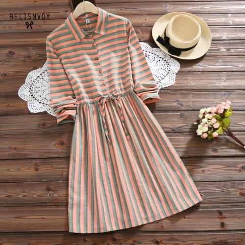 2021 New Brand Girl Loose Large Size Knee Length Waist Long Sleeve Cotton Striped High-quality stripes Dress