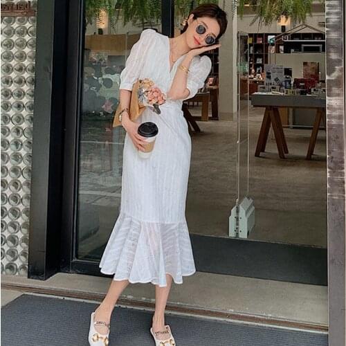 Vintage Mermaid Dress Women Summer V Neck Puff Sleeve Long Dress Plus Size White Party Dresses vestidos