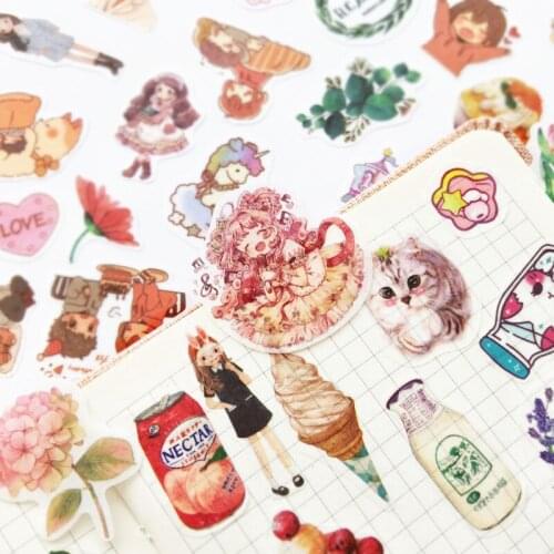100 pcs /Pack Kawaii Girls Cat Green Leaf Foods Phone Decorative Stickers DIY Album Decor Stick Label Paper Crafts