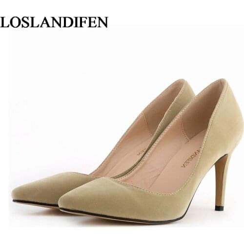 2020 Fashion Big Size 34-42 Women Nude Color High Thin Heels Pumps Brand Slip On Pointed Toe Suede Dress Shoes NLK-A0064