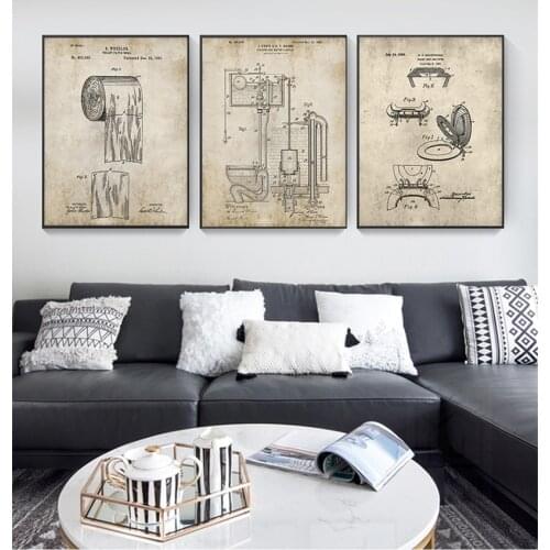 Canvas Painting Blueprints Home Wall Art Decor Bathroom Patent Vintage s Prints ,Toilet Roll,Cistern,Lavatory Design,Loo