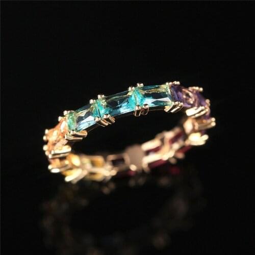 Dainty Rainbow Ring Multi Color Crystal Eternity Square Baguette Finger Ring Women Female Wedding Jewelry
