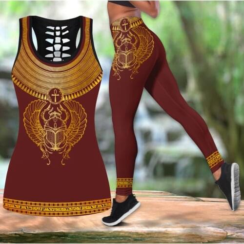 Khepri rising ancient Egyptian 3D Printed Hollow Tank Top & Leggings Set Fitness Female Full Length Leggings Yoga Pants LKB-15