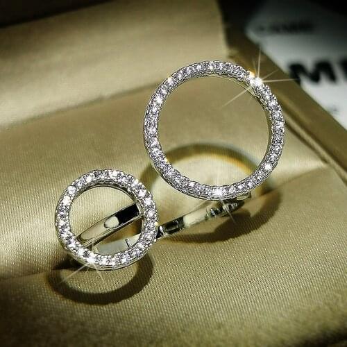 Fashion Geometry Two Circles Open Finger Adjustable Ring For Women Rhinestone Crystal Bride Wedding Engagement Jewelry Gifts